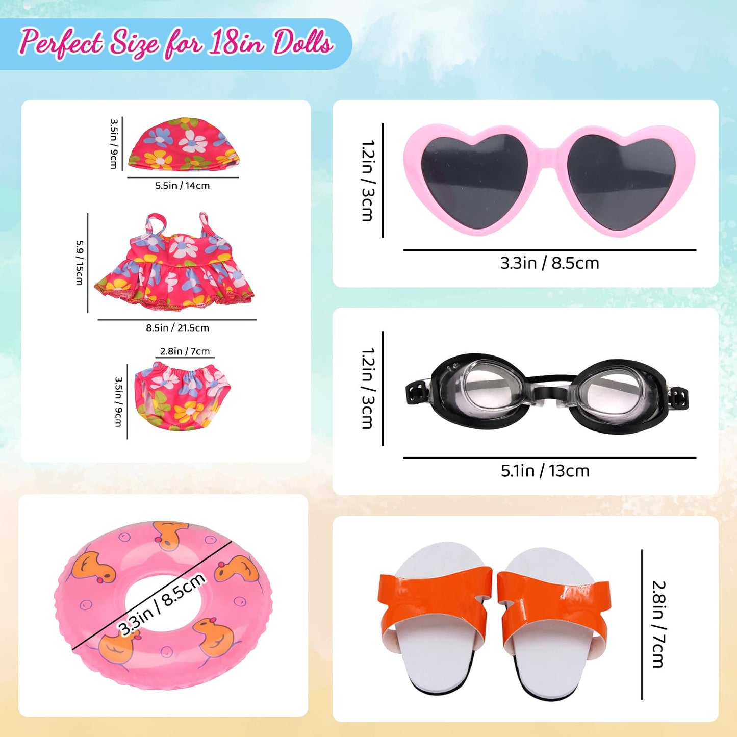 Msyo 18 Inch Doll Swimsuit Playset, Dorable Doll Summer Dress Playset For 18 Girl Dolls, Includes Doll Bikini Swimsuits, Lovely Sunglasses, Goggles, Sandals And Water Inflatable Ring