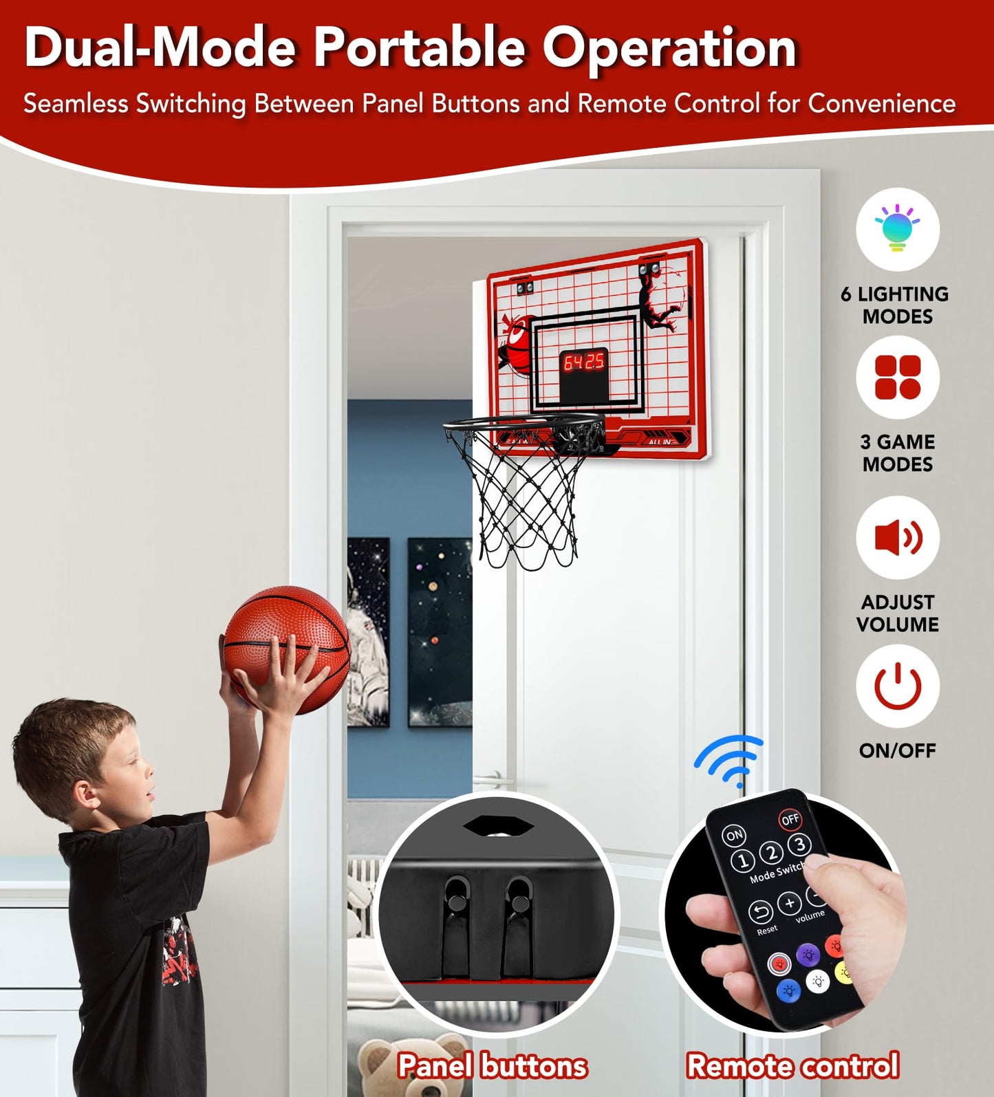 Basketball Hoop Indoor For Kids-Over The Door Mini Basketball Hoop With Led Light, Scoreboard, Remote Control And 3 Modes & Ball
