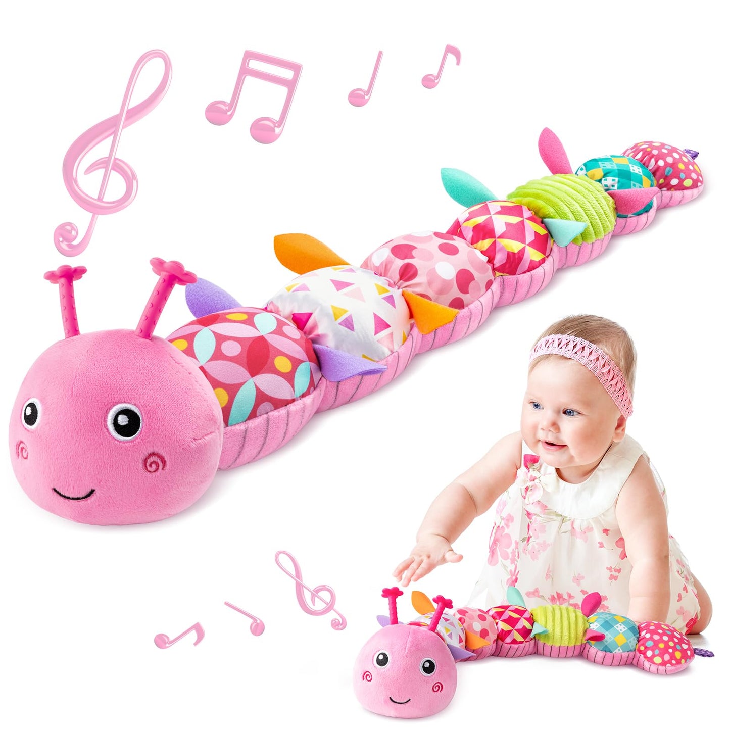 Sumobaby Infant Baby Musical Stuffed Animal Toys For 0-3-6-12 Months,Multi Sensory Toys With Crinkle And Rattles, Tummy Time Toys For Newborn Boys Girls, Caterpillar, Pink
