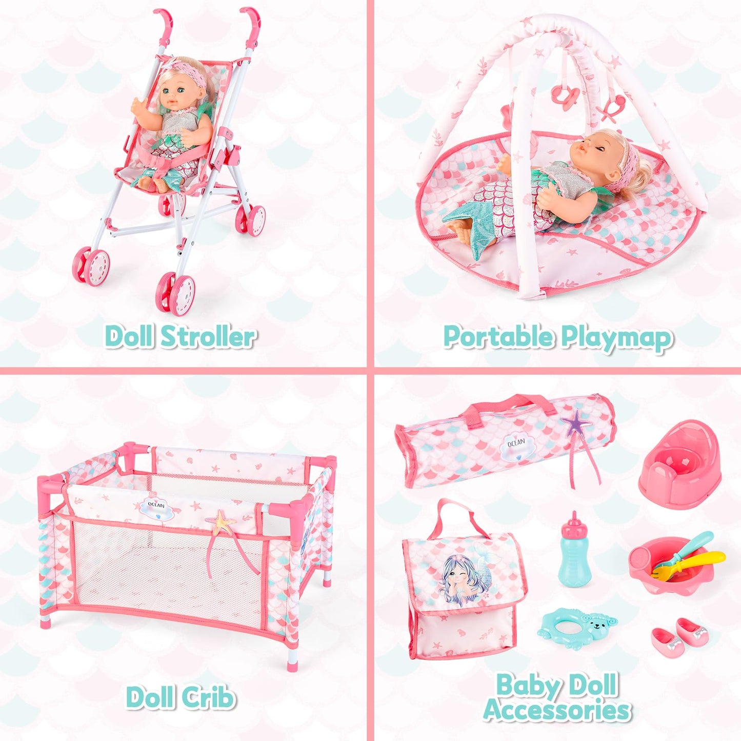 Deao 12 Inch Baby Doll Stroller Play Set,14 Pcs Baby Doll Accessories With Foldable Doll Stroller,Crib,Play Mat,Doll Clothes And Travel Bag,Pretend Play Baby Care Toy Gift For 3 4 5 Girls