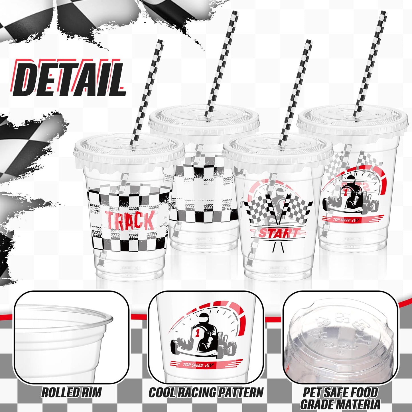 Foldtier 50 Pcs Checkered Racing Party Plastic Cup 12 Oz Checkered Flag Thick Clear Cup Black And White Checkered Cups Race Car
