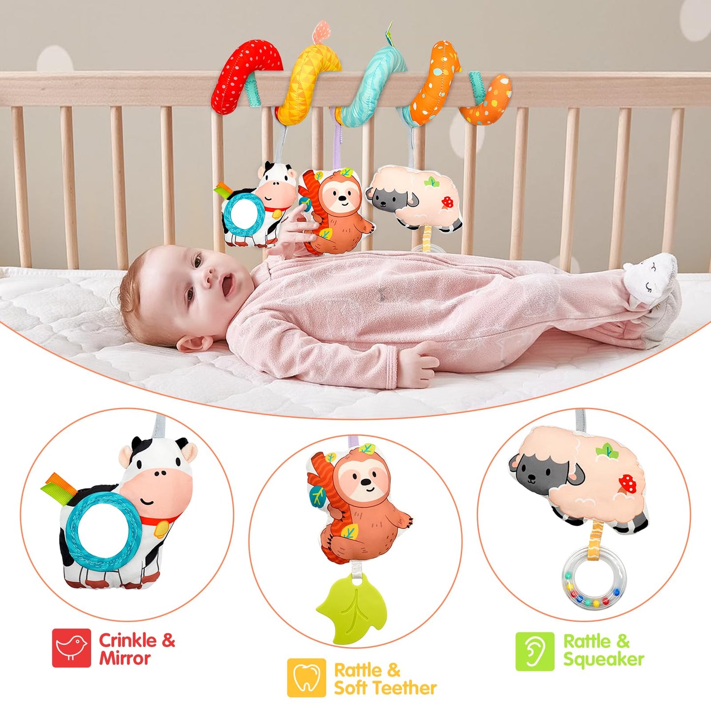 Xixiland Car Seat Toys For Babies 0-6 Months Boy Girl Carseat Toys Hanging Spiral Stroller Toys, Infant Toys Baby Toys 0-6 Month