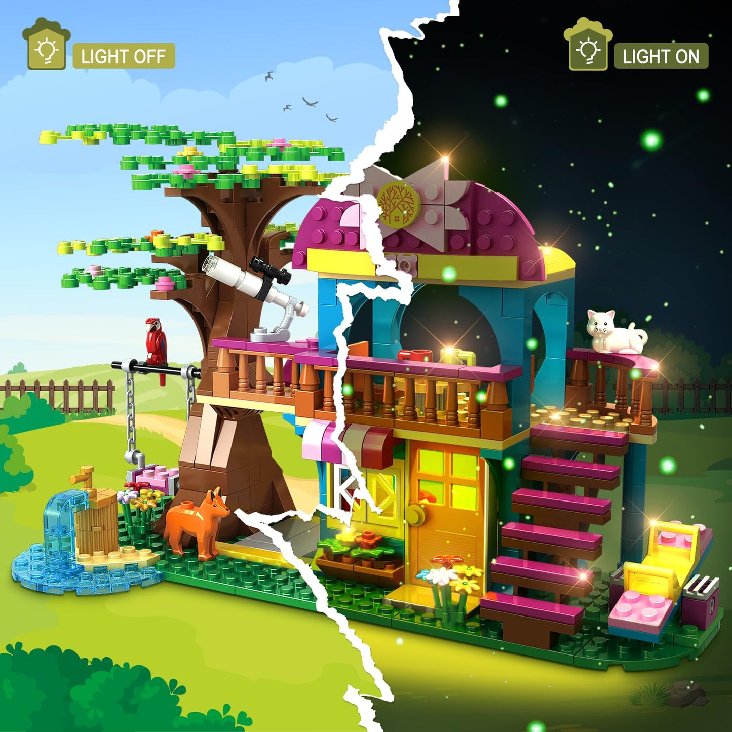 Hogokids Tree House Building Sets With Led Light - Jungle Treehouse Building Toy With Car Horse Animals Swing Playset 433Pcs Forest House Building Kit Birthday Gift For Kids Girls Boys Age 6-12 Years