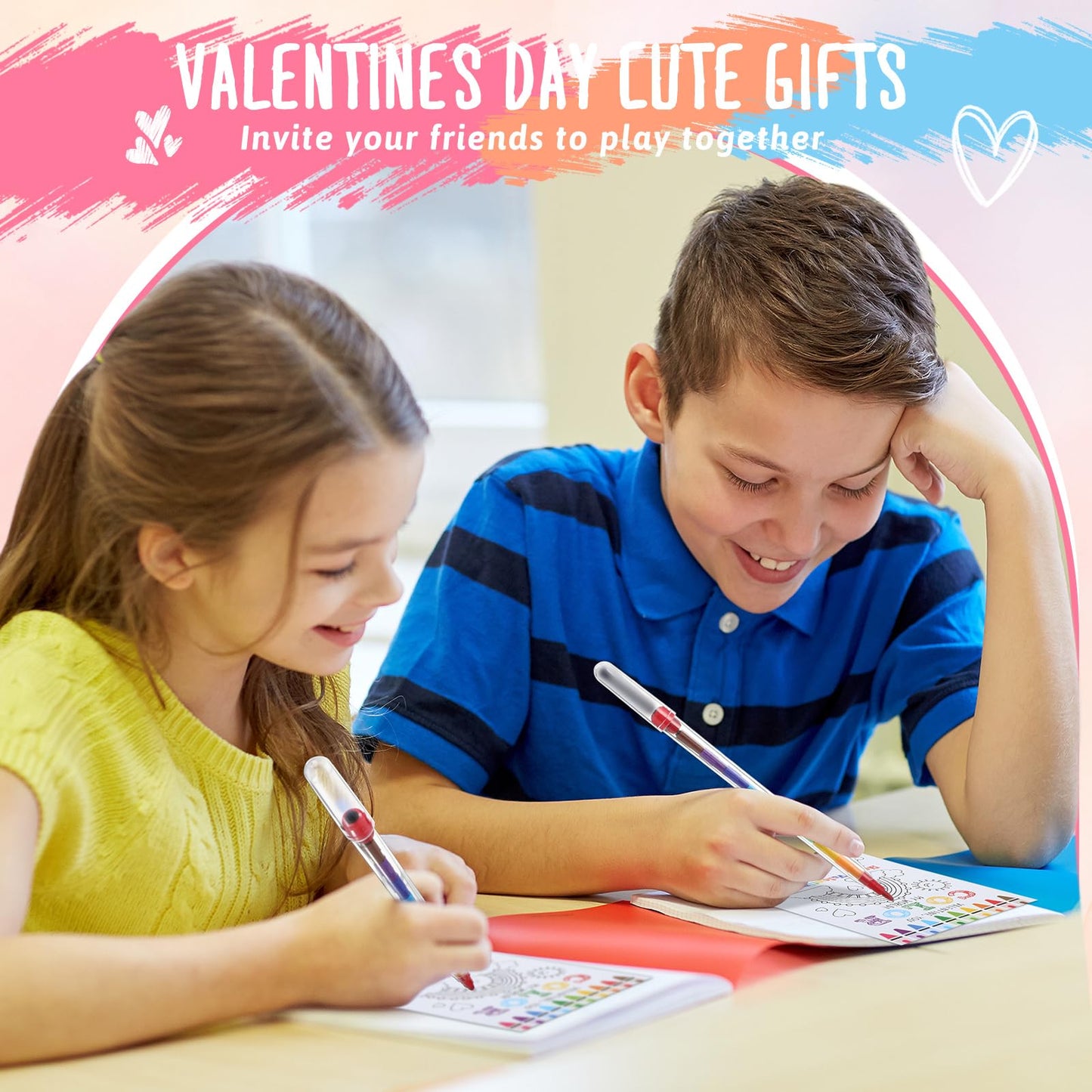Weekgrat 24 Pcs Valentines Day Kids Gift Sets DIY Valentines Coloring Greeting Card 10 Color Stackable Crayon Valentines School