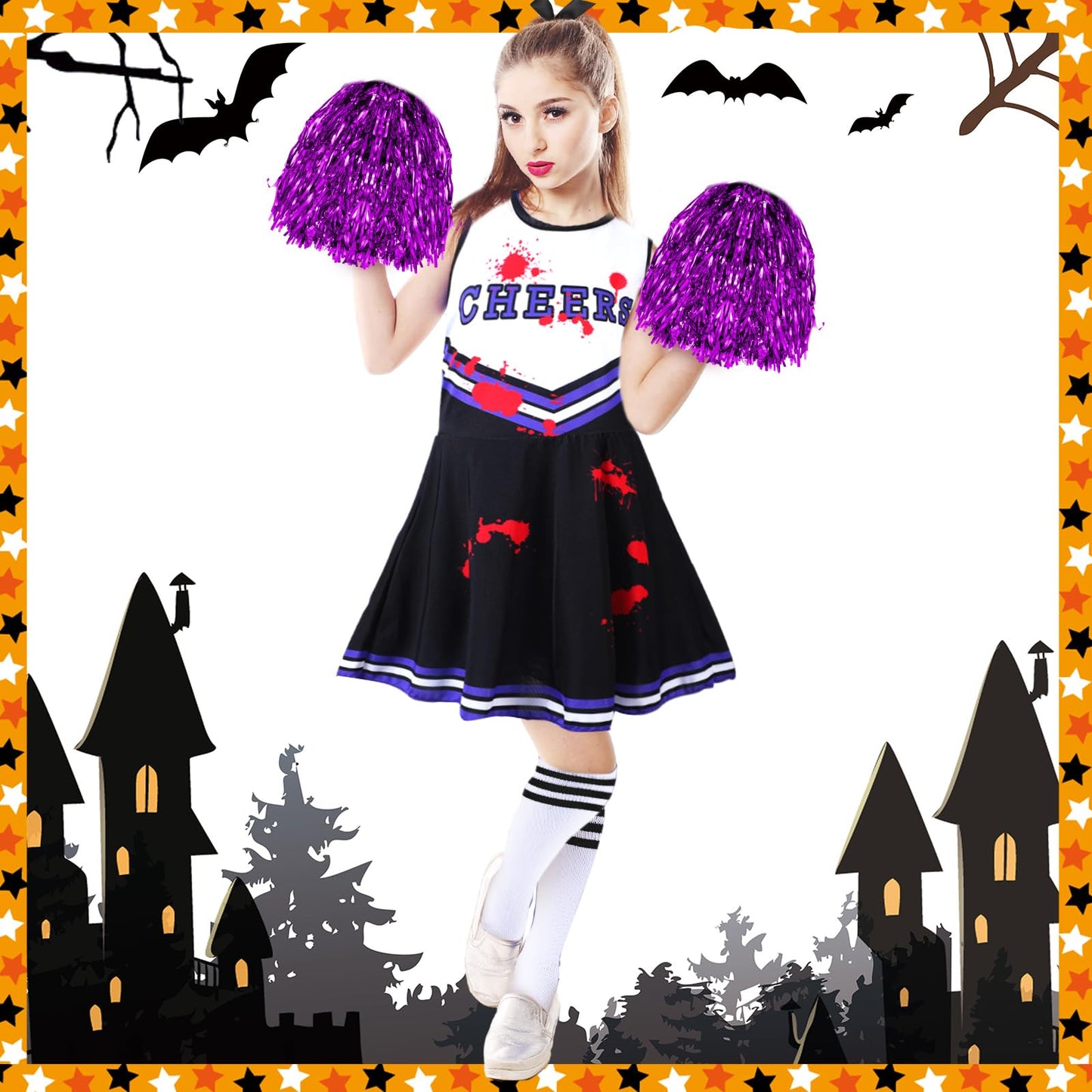 Didaey 6 Pcs Girl Zombie Costume Kids Halloween Cheerleader Costume Scary Halloween Party Cosplay (Black, Purple,S)