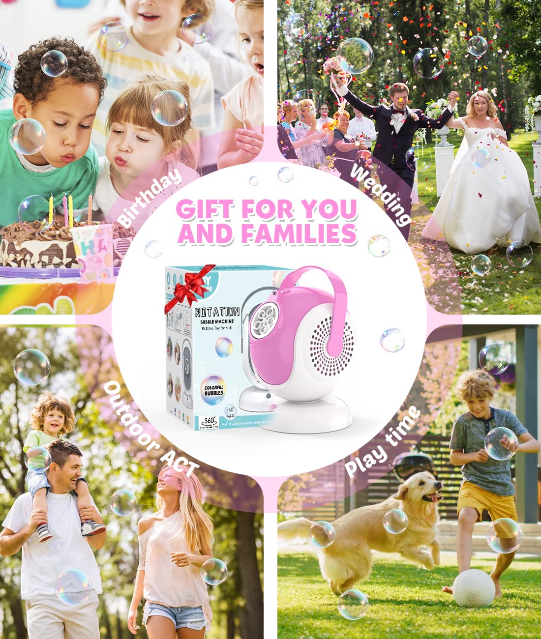Joyfuture Pink Bubble Machine - Automatic Bubble Blower For Kids, Toddlers - Toys Gifts For Girls Ages 3+ Year Old, Easter, Outd