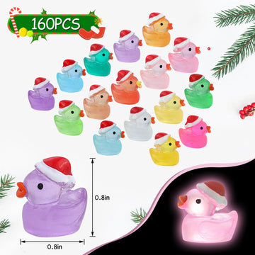 ROMROC 160Pcs Luminous Mini Christmas Resin Duck Miniature Glow in The Dark Ducks Christmas Decor Aquarium Ornament Dollhouse De