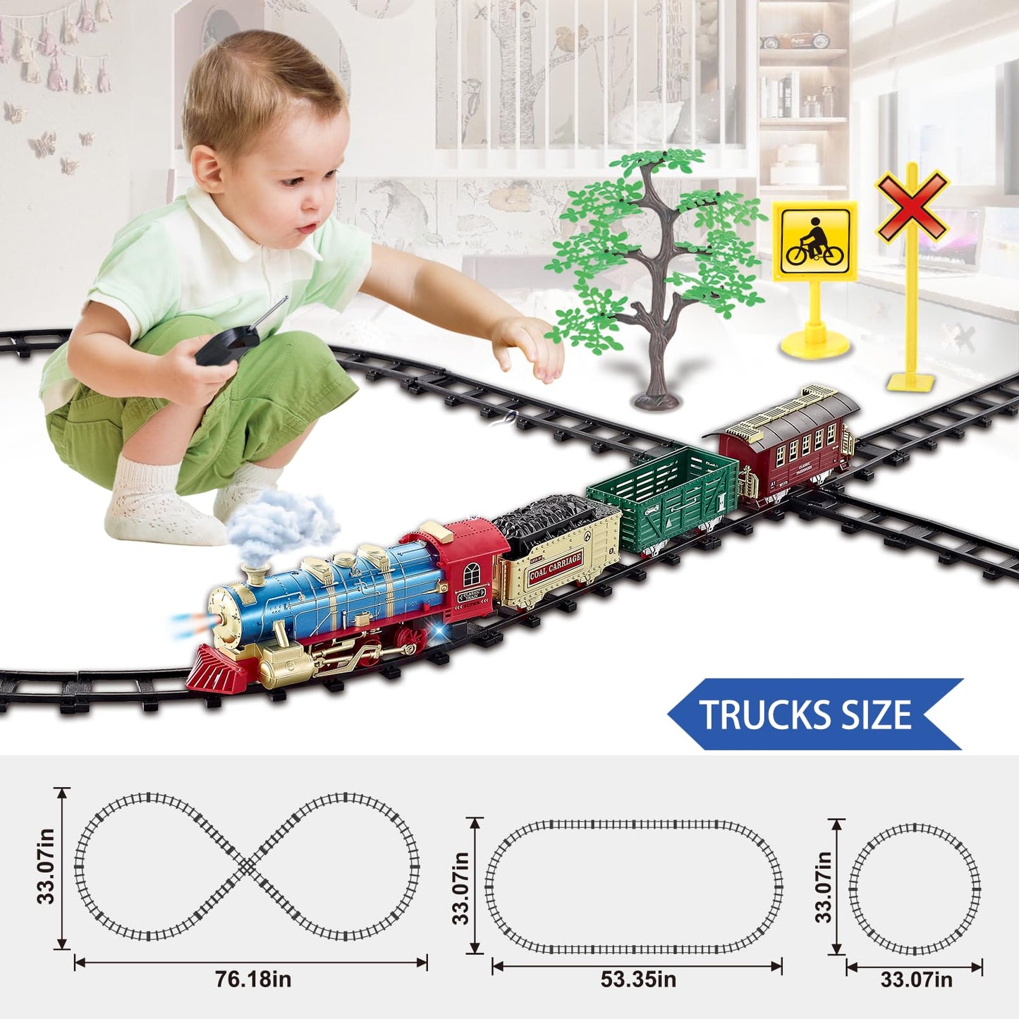 Juqu Train Set For Boys -Remote Control Train Toys-Electric Train W/Smokes, Steam Locomotive W/Lights & Sound, Cargo Car And Tra