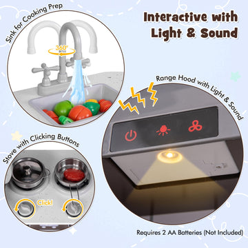 Costzon 2-Piece Play Kitchen, Wooden Toy Kitchen Set with Washing Machine, Range Hood, Ice Maker, Blackboard, Pretend Telephone,