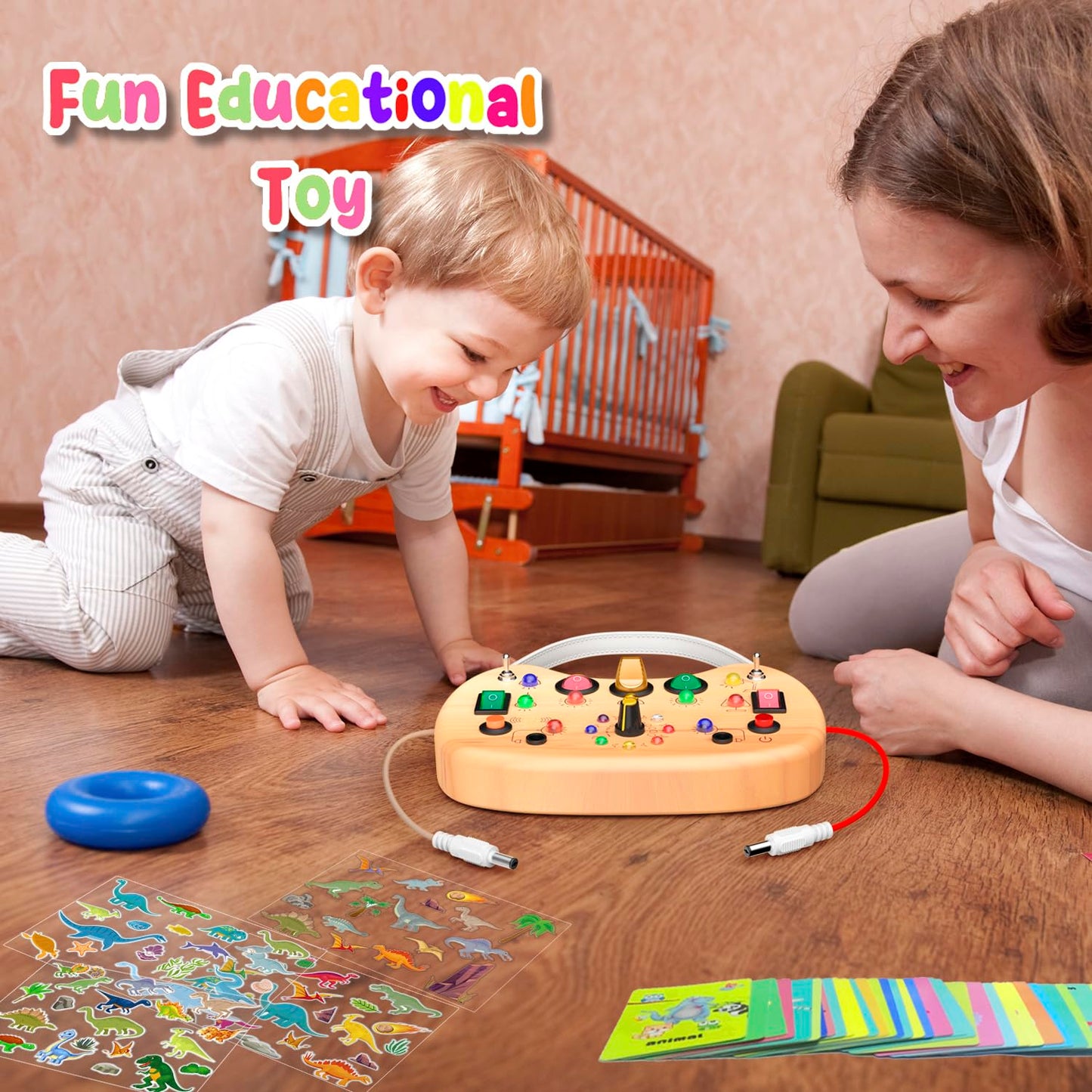 Montessori Busy Board For Baby, Busy Board For Toddlers Toys, Wooden Autism Sensory Toys With Animal Cards, Dinosaur Stickers, T