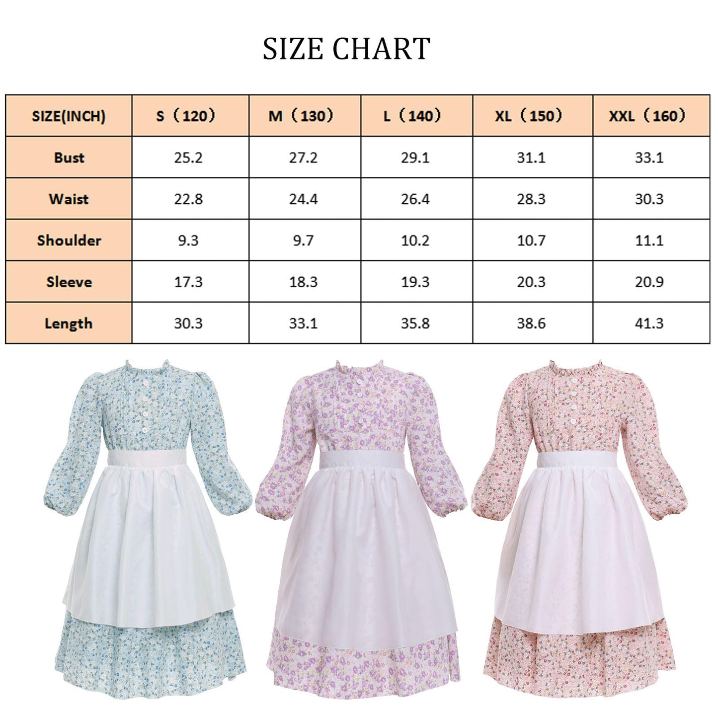 Vibsion Girls Pioneer Prairie Costume Pilgrim Dress Kids Ruffle Neck Floral Colonial Girl Costumes Bonnet Apron 3Pcs Xxl Age Ove