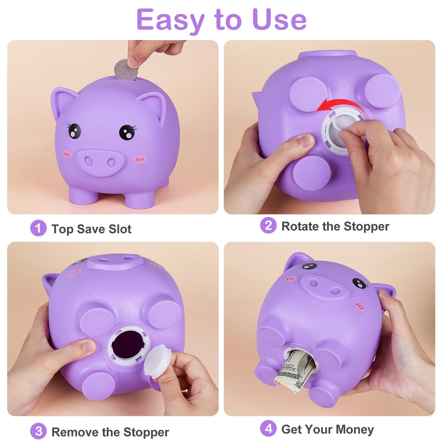 Piggy Bank Girls, Unbreakable Piggy Banks Large Money Coin Bank For Kids With Diy Stickers, For Birthday, Easter, Baby Shower, Purple