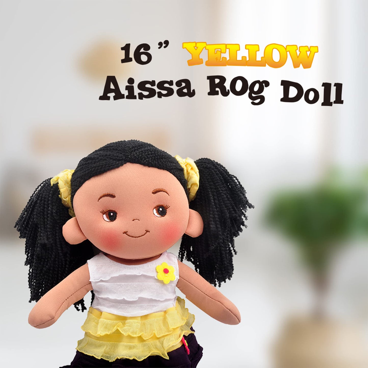 Linzy Plush 16' Yellow Aissa Rag Doll For Girls, Soft Plush Rag Doll, Sleeping Cuddle Buddy For Toddlers, Infants And Babies, Muñecas De Trapo Para Niña, First Doll For Kids, Safe For All Ages