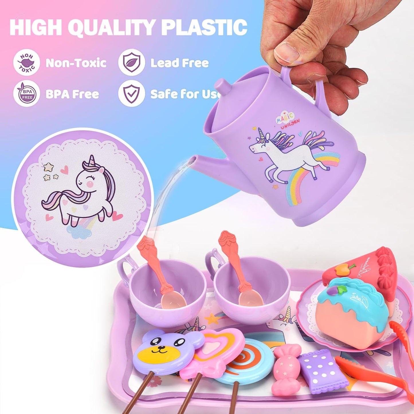 Lajeje Unicorn Tea Party Set for Little Girls, Pretend Plastic Teapot Set, Princess Tea Time Play Kitchen Toy with Dessert, Carr