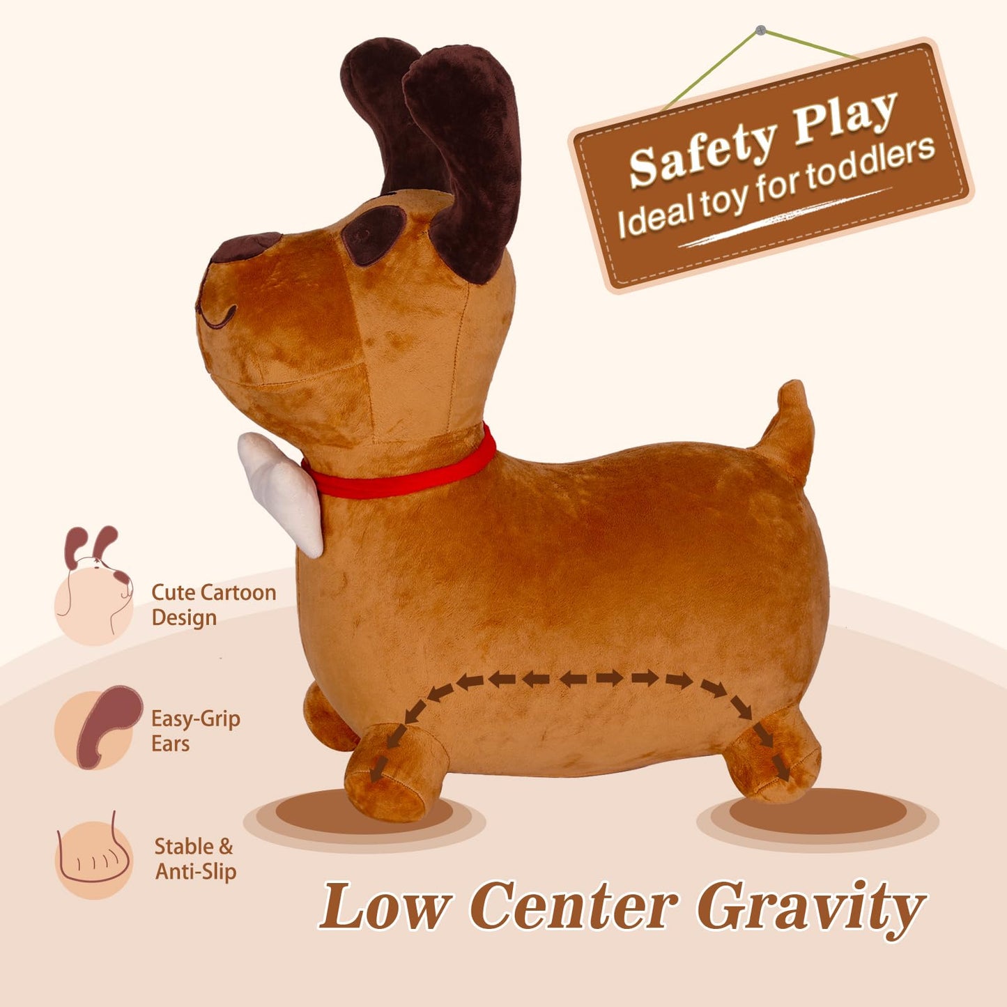 INPANY Bouncy Dog Hopper Toy - Plush Medium Ride-On for Toddlers, Brown Rubber, Ideal Birthday Gift for 2-4 Year Olds