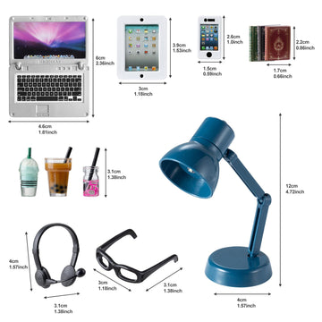 12Pcs Dollhouse Miniature Laptop Computer Tablet Phone Lamp Book Glasses Coffee Headset Simulation Accessories 1/12 1/6 Toy Pad