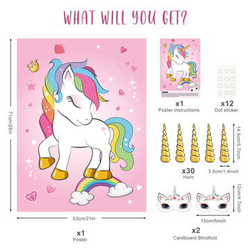 Astaron Pin The Horn On The Unicorn Birthday Party Game With 30 Horns For Unicorn Party Supplies Favors Girls Rainbow Party Decorations, Pin The Tail Game For Christmas