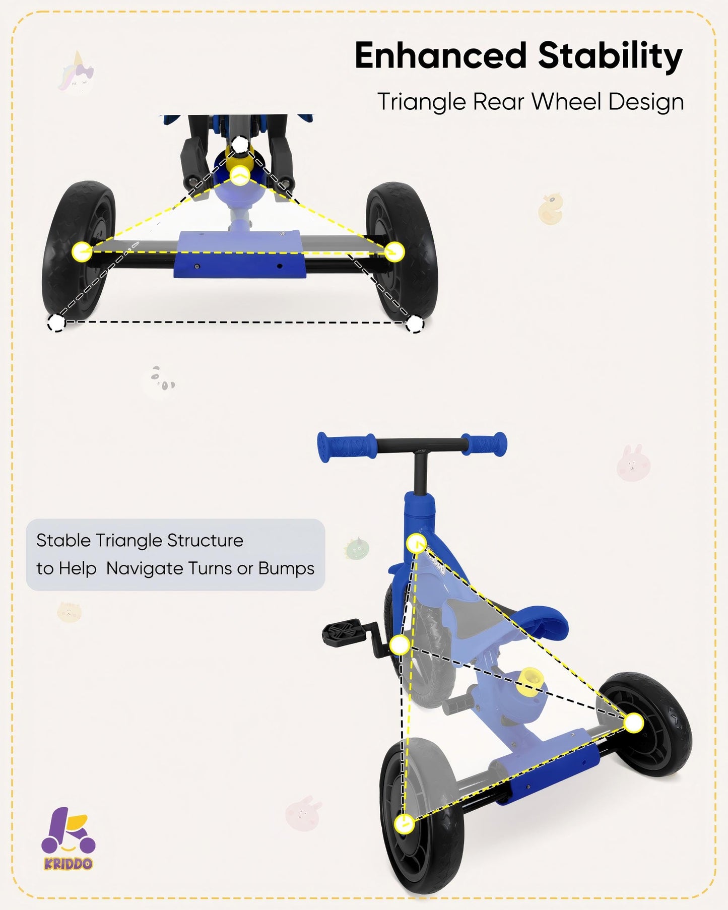 KRIDDO 4-in-1 Kids Tricycle, Adjustable Height, 12" Front Wheel, Carbon Steel, Blue, for 1.5 to 3 Years, Toddler Balance Bike