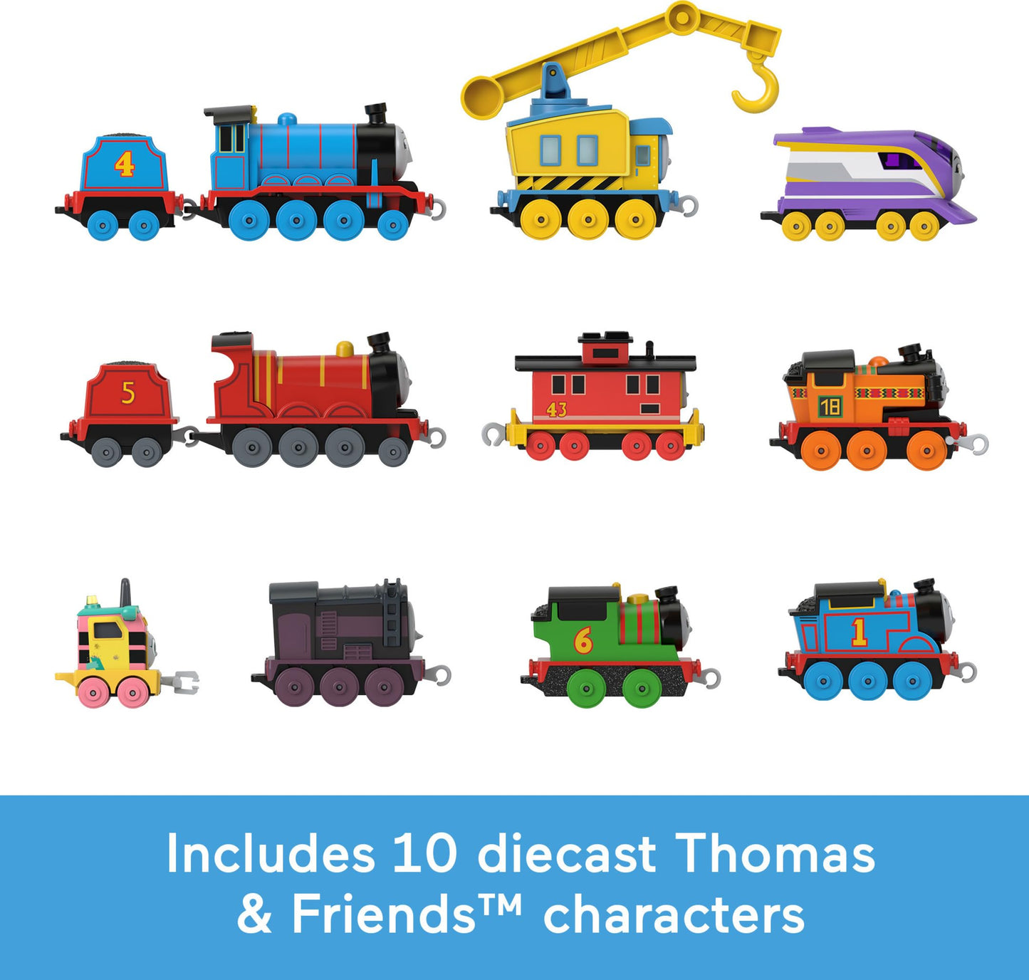 Thomas & Friends Diecast Toy Trains, The Track Team Engine Pack, 10 Push-Along Vehicles for Pretend Play Preschool Kids Ages 3+