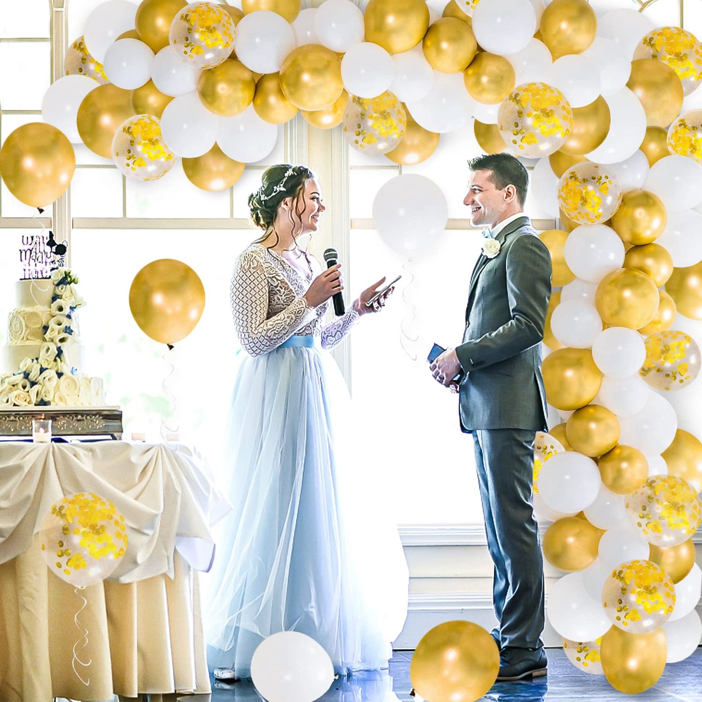 123Pcs White Gold Balloon Garland Arch Kit 5, 10 Inch 12' White Gold Confetti Balloons Set For Birthday Baby Shower Wedding Graduation Mother'S Day Party Decorations