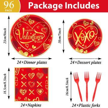 96 Pcs Valentine'S Day Plates Napkins Valentines Day Party Decorations Paper Plate Supplies Red And Gold Dinner Dessert Tablewar