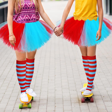 5 Layered Tutu Skirt For Kids Tulle Tutu Skirt With Tube Socks Princess Runners Costumes Cosplay For Girls Kids(Blue And Red)