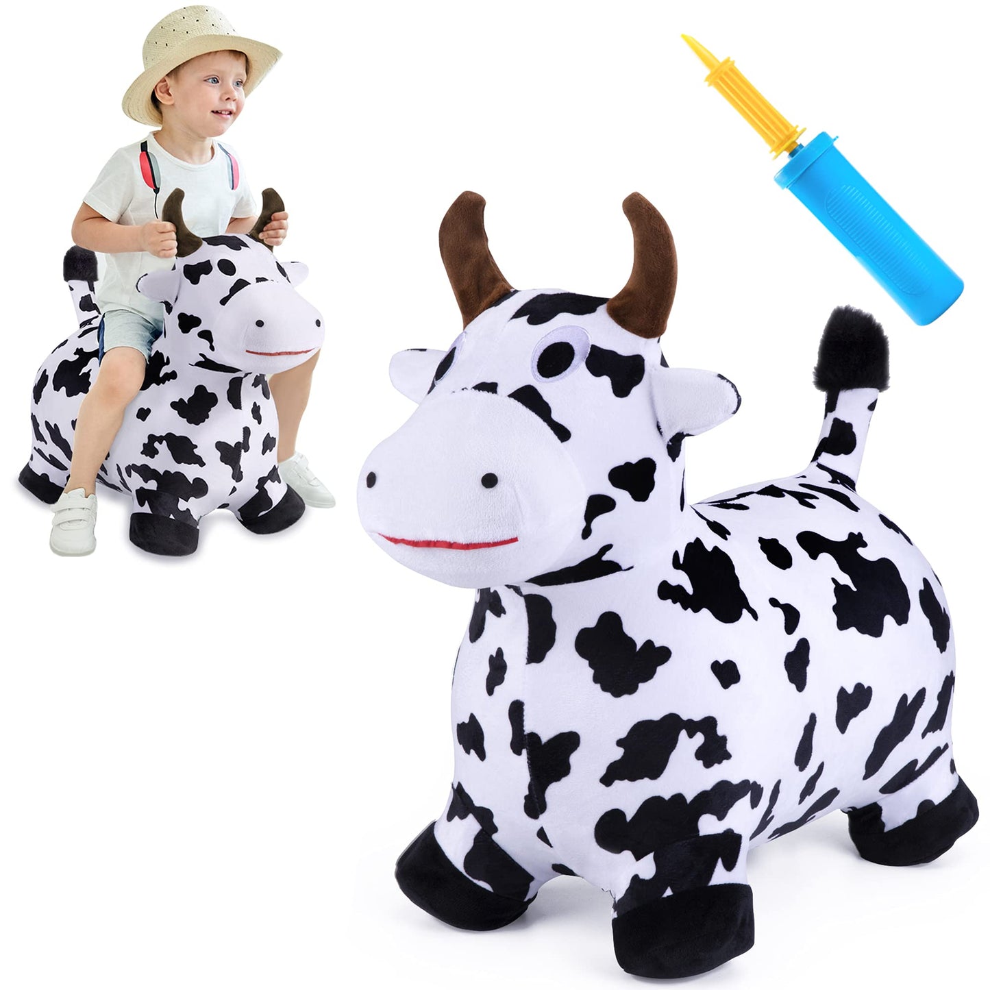 Iplay, Ilearn Bouncy Pals Hopping Cow Horse, Toddler Girl Boy Inflatable Bouncing Animal Hopper Toy, Outdoor Indoor Plush Ride On Bouncer, Baby Birthday Gift 18 Month 2 3 4 Year Old Kid - Cow