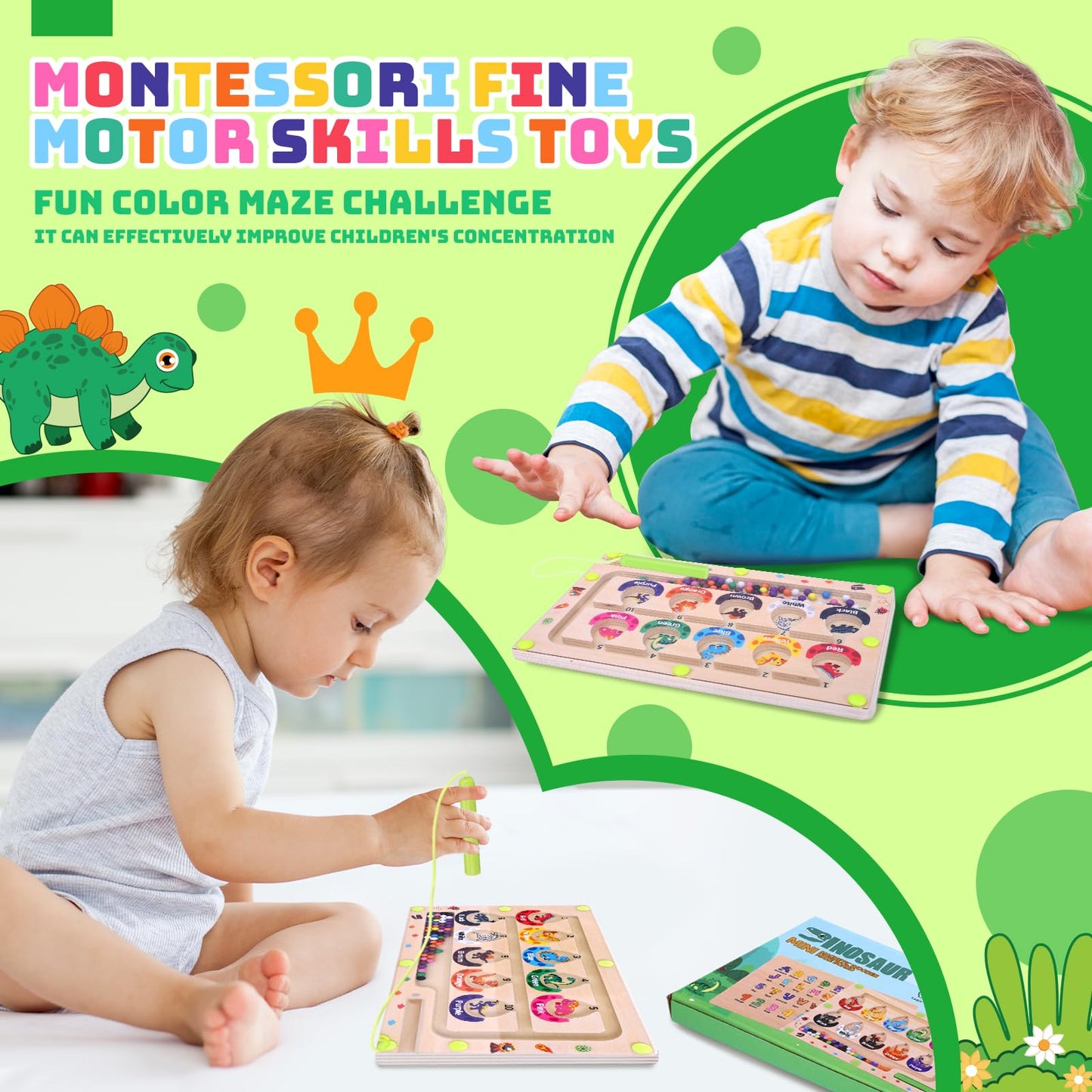 Uiseba Dinosaur Mini Magnetic Color And Number Maze Montessori Toy For Ages 3 4 5, Toddler Busy Board, Educational Preschool Lea