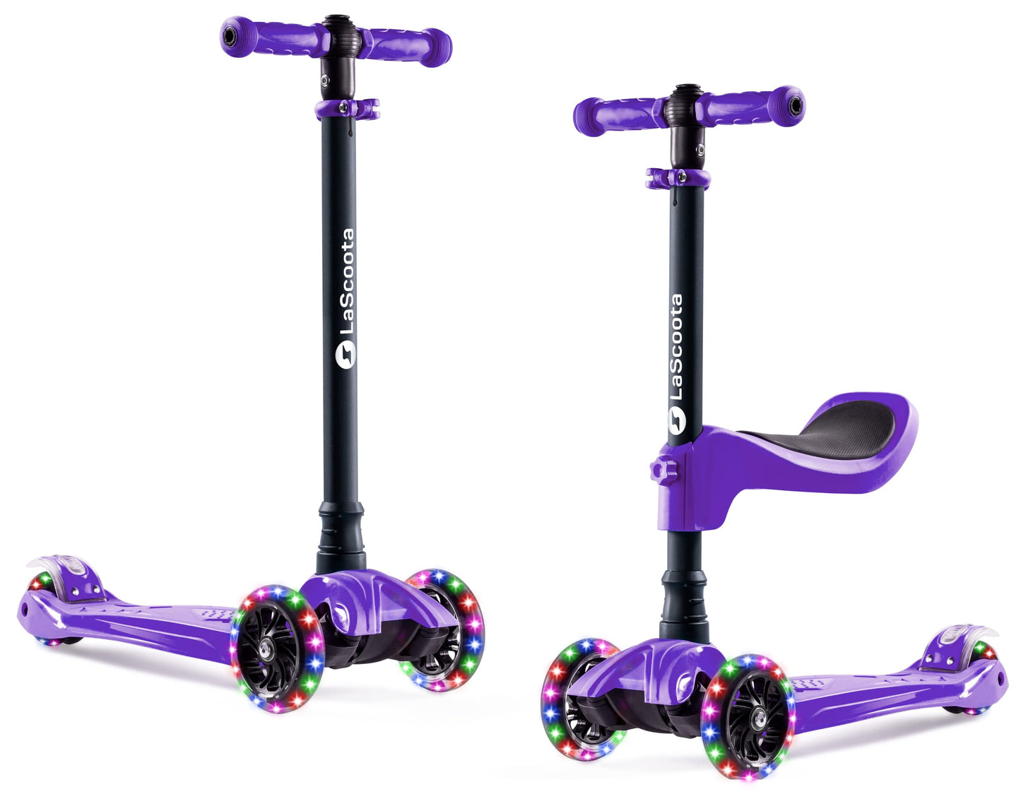 Lascoota 2-In-1 Kids Kick Scooter, Adjustable Height Handlebars And Removable Seat, 3 Led Lighted Wheels And Anti-Slip Deck, For