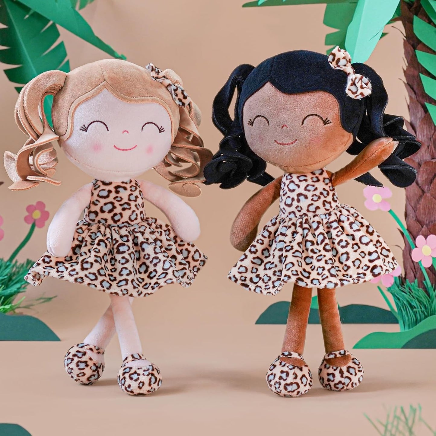 Gloveleya Baby Dolls Soft Snuggly First Baby Girl Gifts Plush Doll With Light Skin & Leopard Dress 12Inches Animal Series