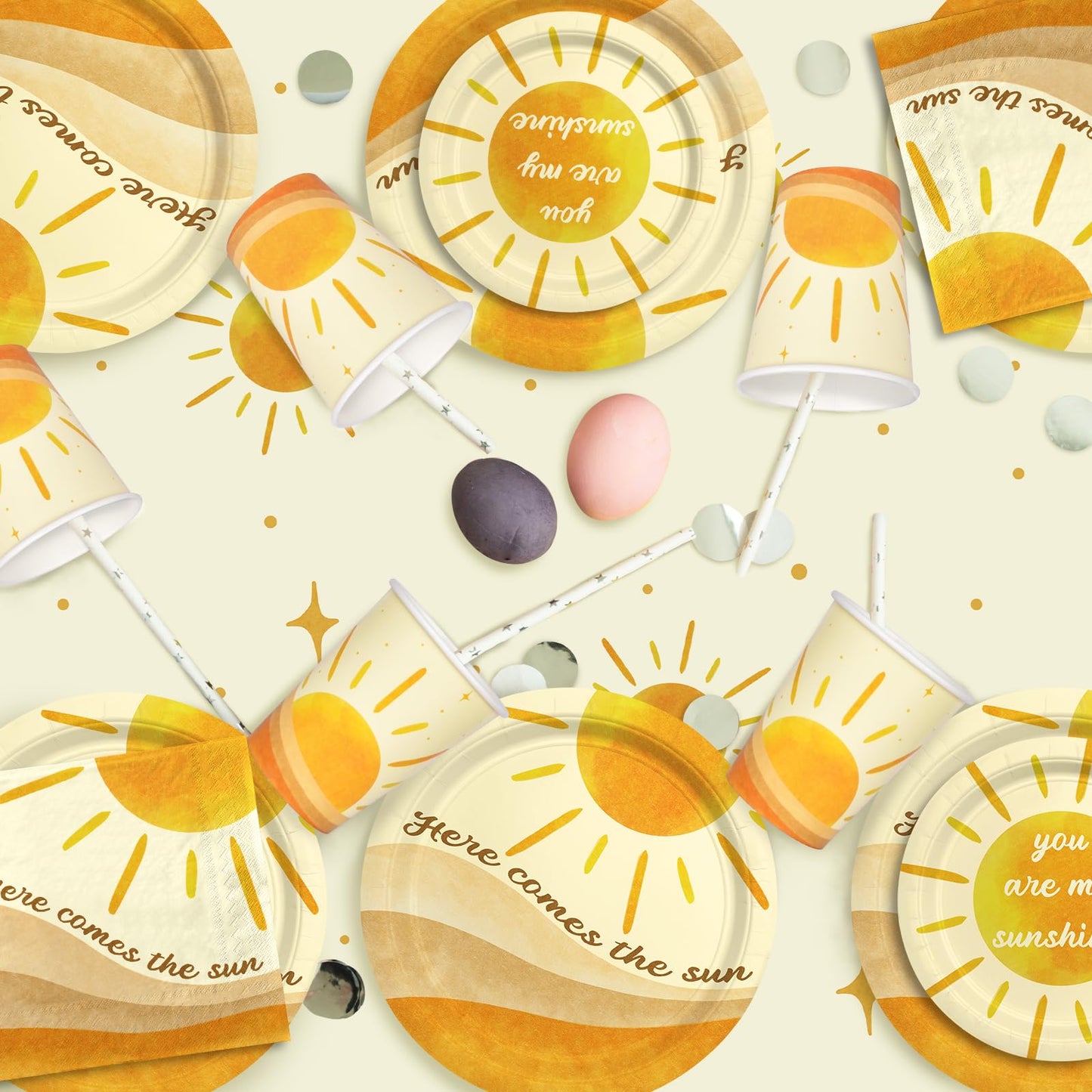 Boho Sun-Theme Birthday Party Supply Set; Complete Baby Shower Decorations With Sunshine Disposable Paper Plates, Cups, Tableclo