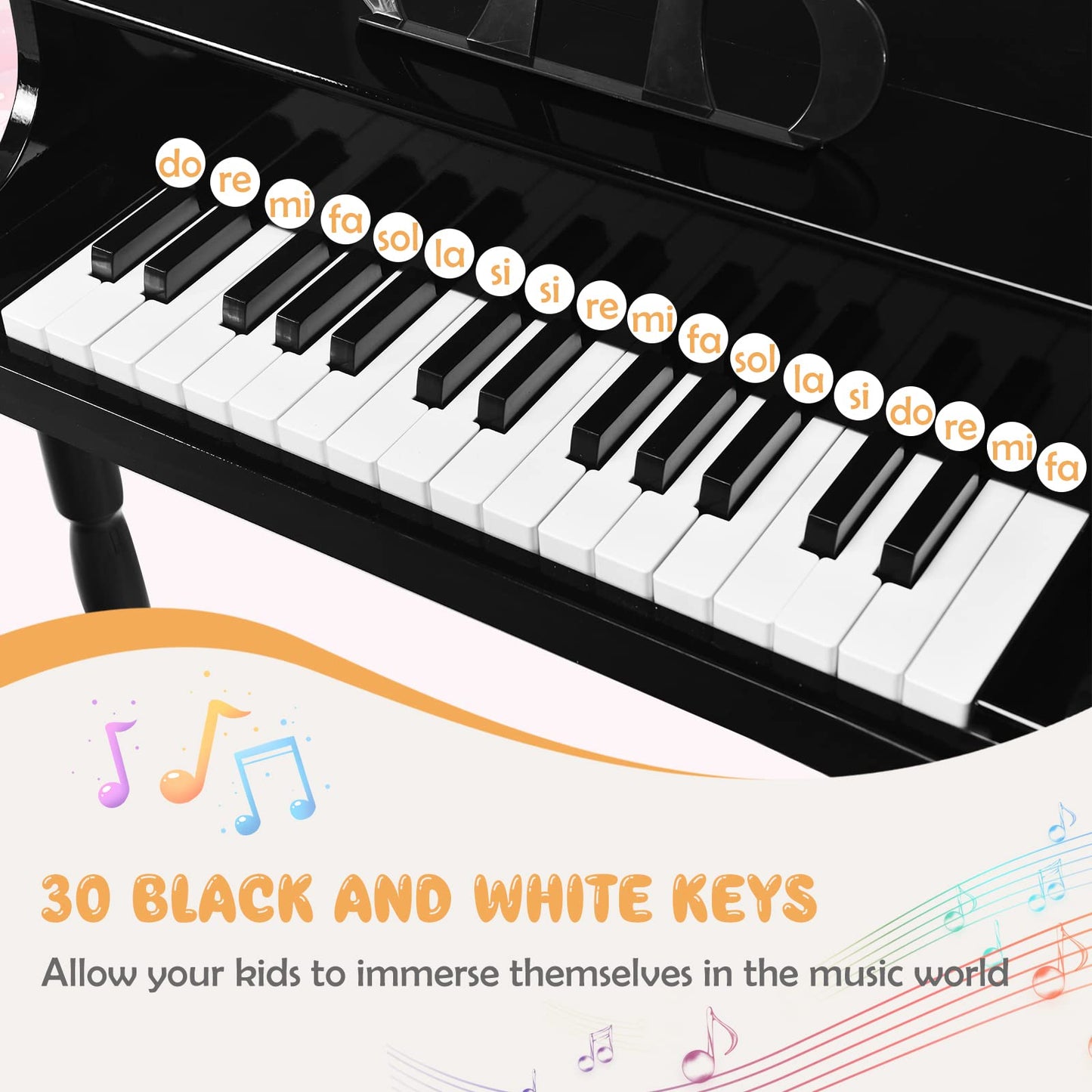 Goplus 30-Key Classical Kids Piano, Mini Grand Piano Wooden Learn-To-Play Musical Instrument Toy With Bench, Piano Lid, Music Rack, Gift For Boys Girls Aged 2+ Baby Tollder (4 Straight Leg-Black)