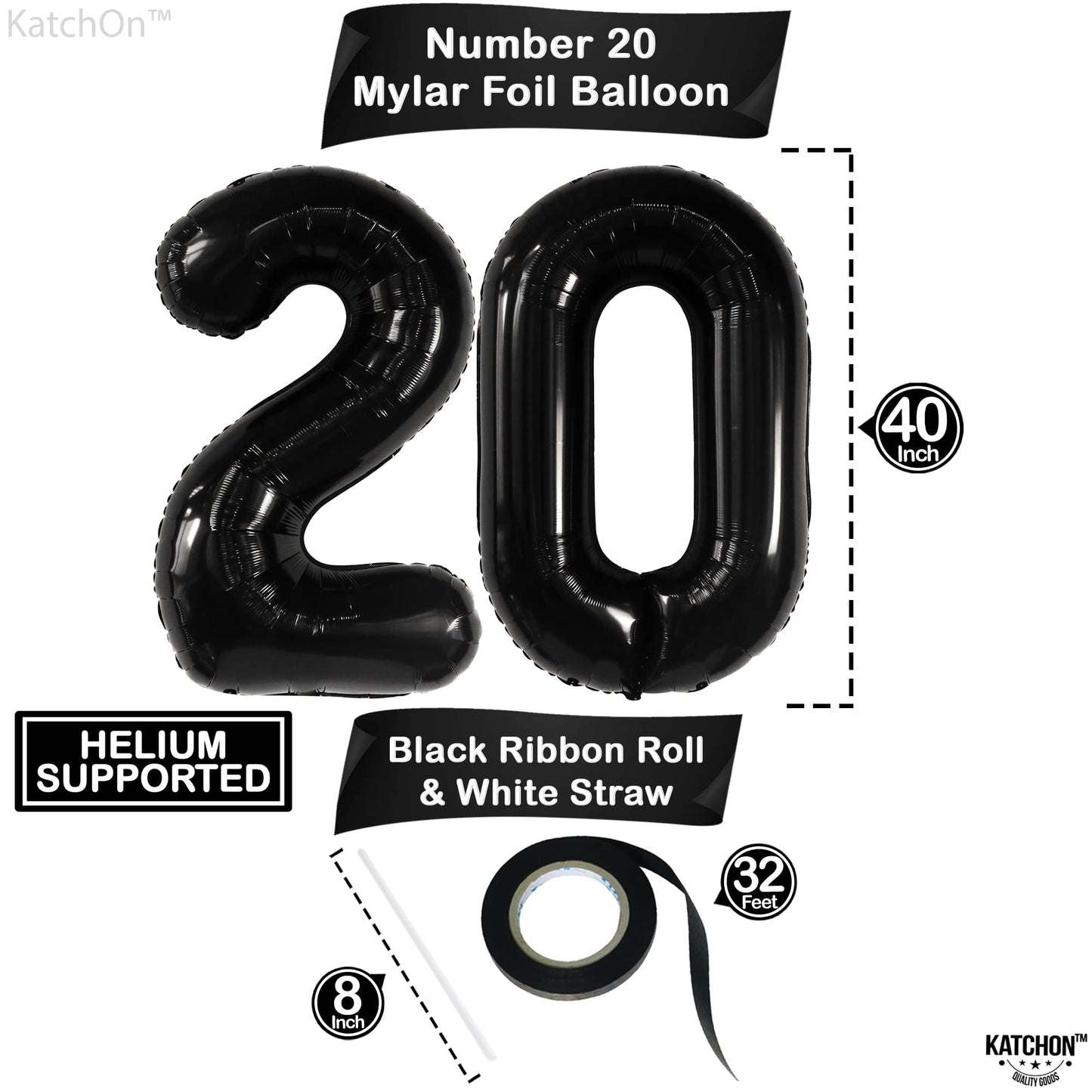 Katchon, Black 20 Balloon Number - 40 Inch | 20Th Birthday Decorations For Men, Number 20 Birthday Balloons | 20 Year Old Birthday Decorations | 20 Birthday Decorations, 20Th Anniversary Decorations
