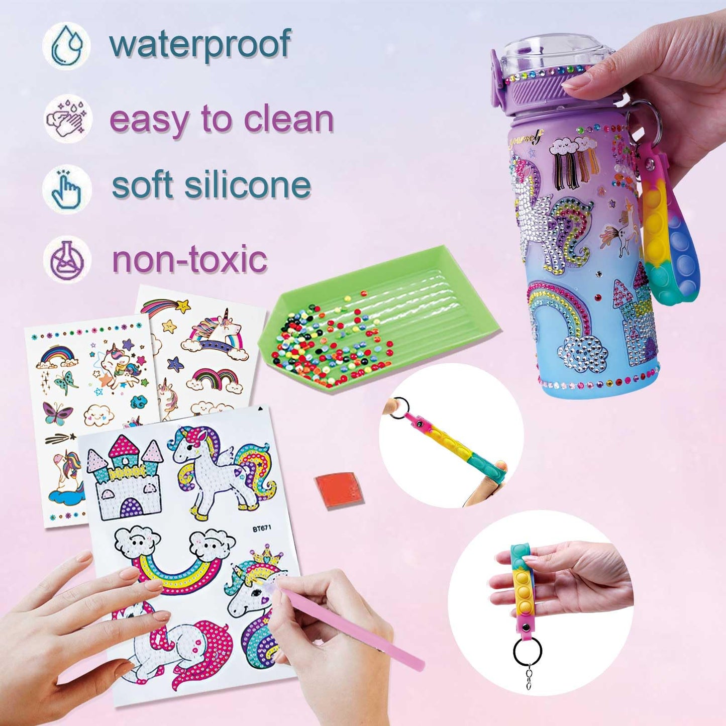 Toys For 4-6-8-10-12 Year Old Girls Kids, Decorate Your Own Water Bottle Kits For Girls, Unicorn Gem Diamond Painting Arts And Crafts Birthday Gifts For 3-10 Year Old Girls (Unicorn 600Ml)