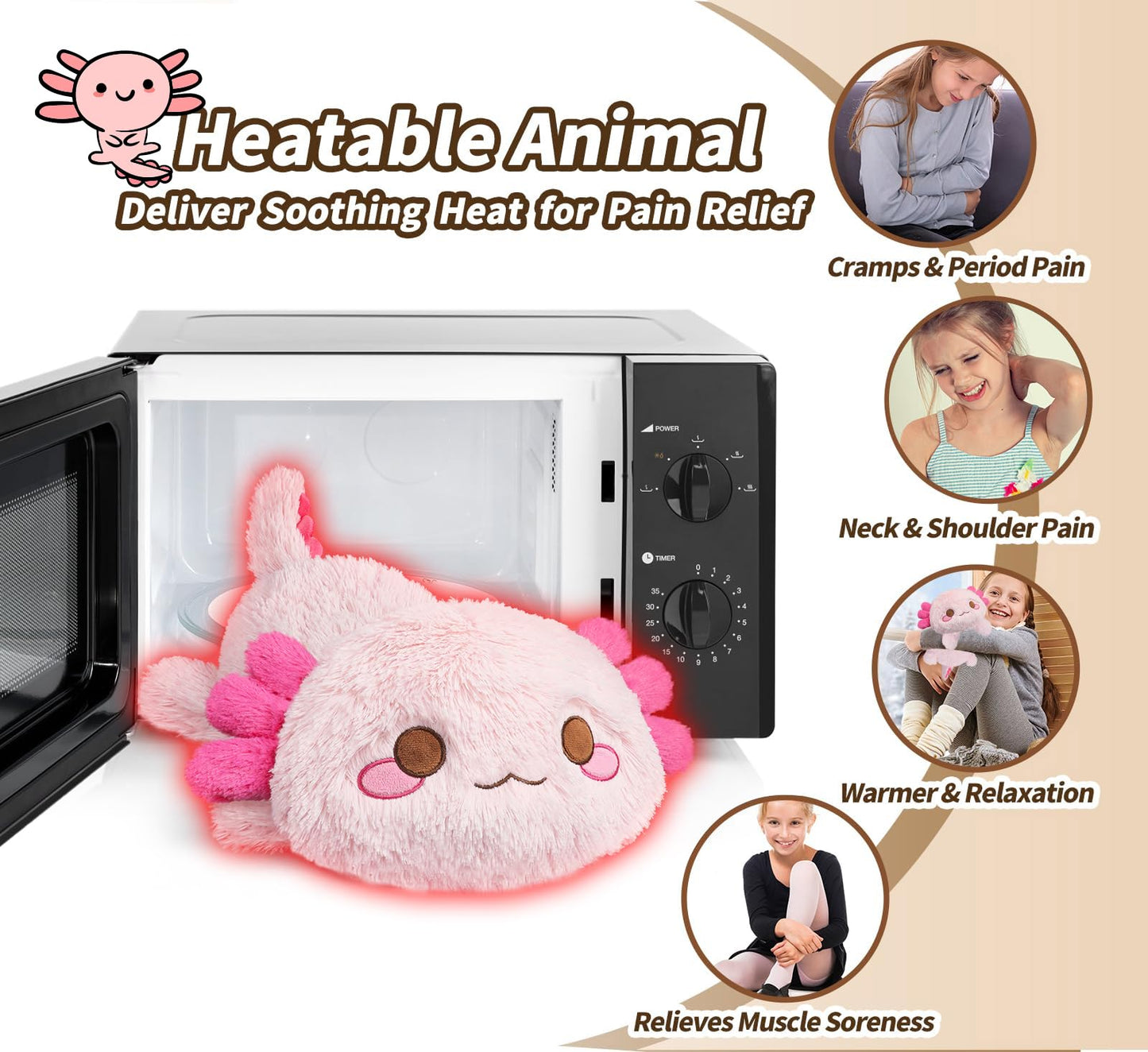 Cuckool Pink Axolotl Stuffed Animals, Microwavable Stuffed Animals Heating Pad For Cramps, Pain Stress Relief, Heatable & Coolab