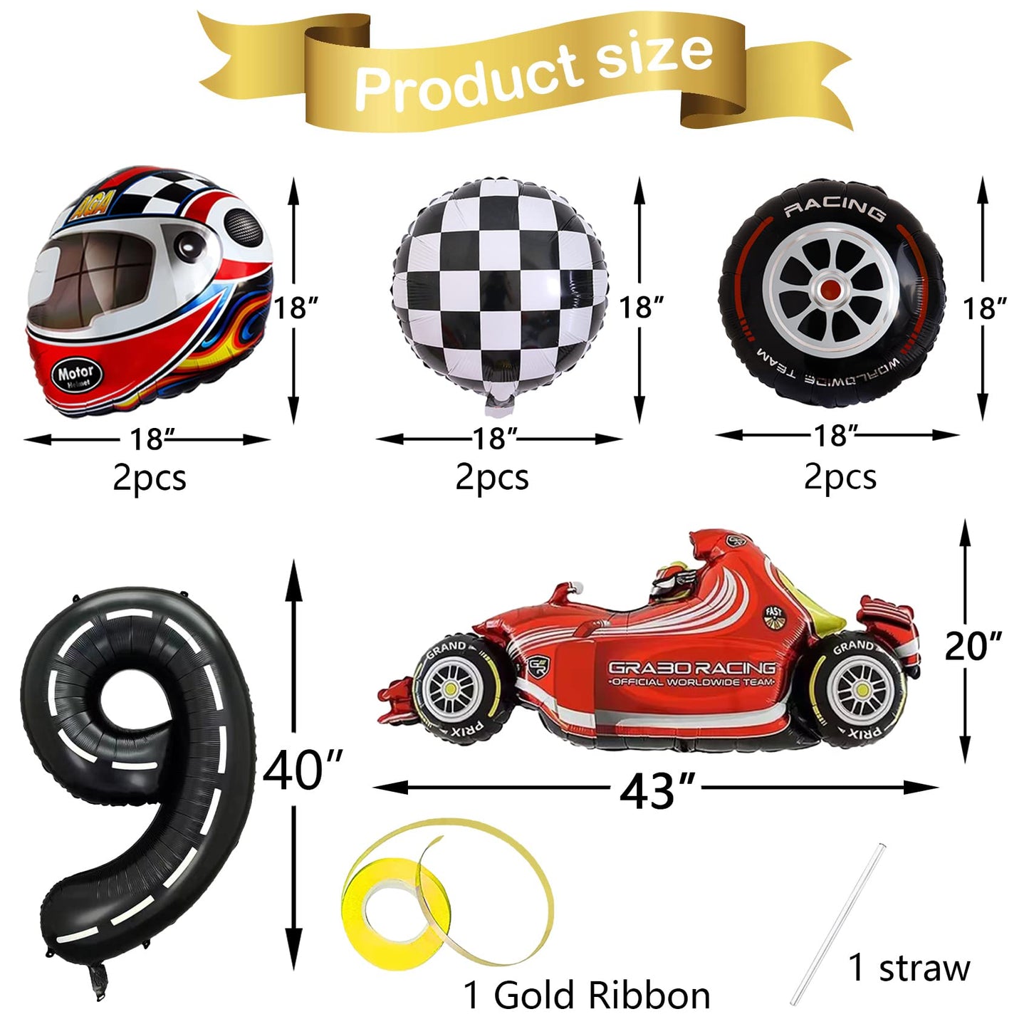 Stcomart 8 Pcs Race Car Party Decorations, Black Number 9 Balloon Checkered Balloons Tire Balloons For Boys 9Th Birthday