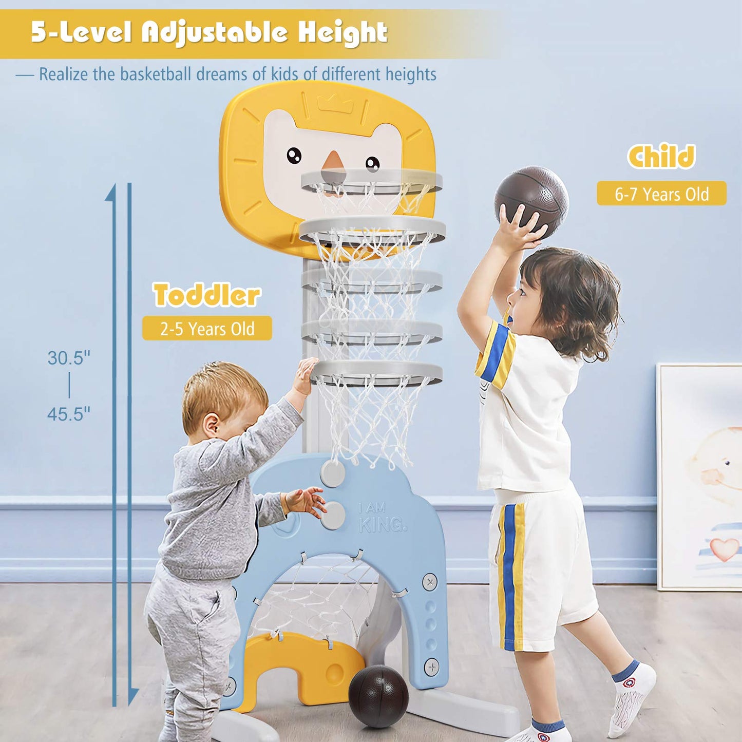 Akustik 3 In 1 Toddlers Basketball Hoop Stand, Adjustable Height Sports Center With Basketball Soccer Golf Game Set, Portable In