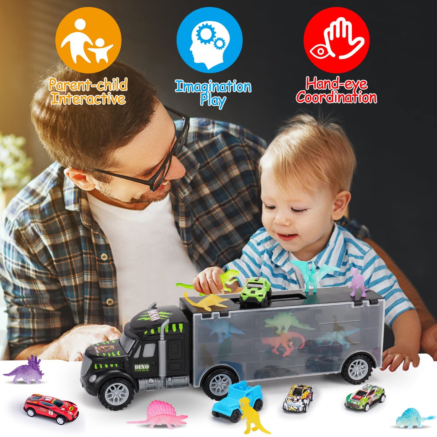 Transport Truck and Car Toys for 3 4 5+ Year Old Boys Birthday Gifts Carrier Truck Vehicle Toddler Boy Toys Age 3-4 4-7 Dinosaur