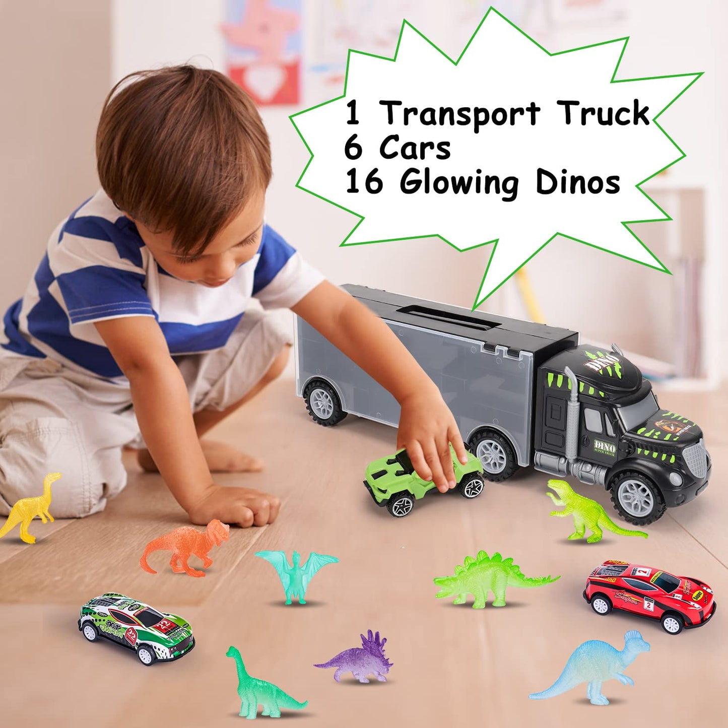 Transport Truck and Car Toys for 3 4 5+ Year Old Boys Birthday Gifts Carrier Truck Vehicle Toddler Boy Toys Age 3-4 4-7 Dinosaur