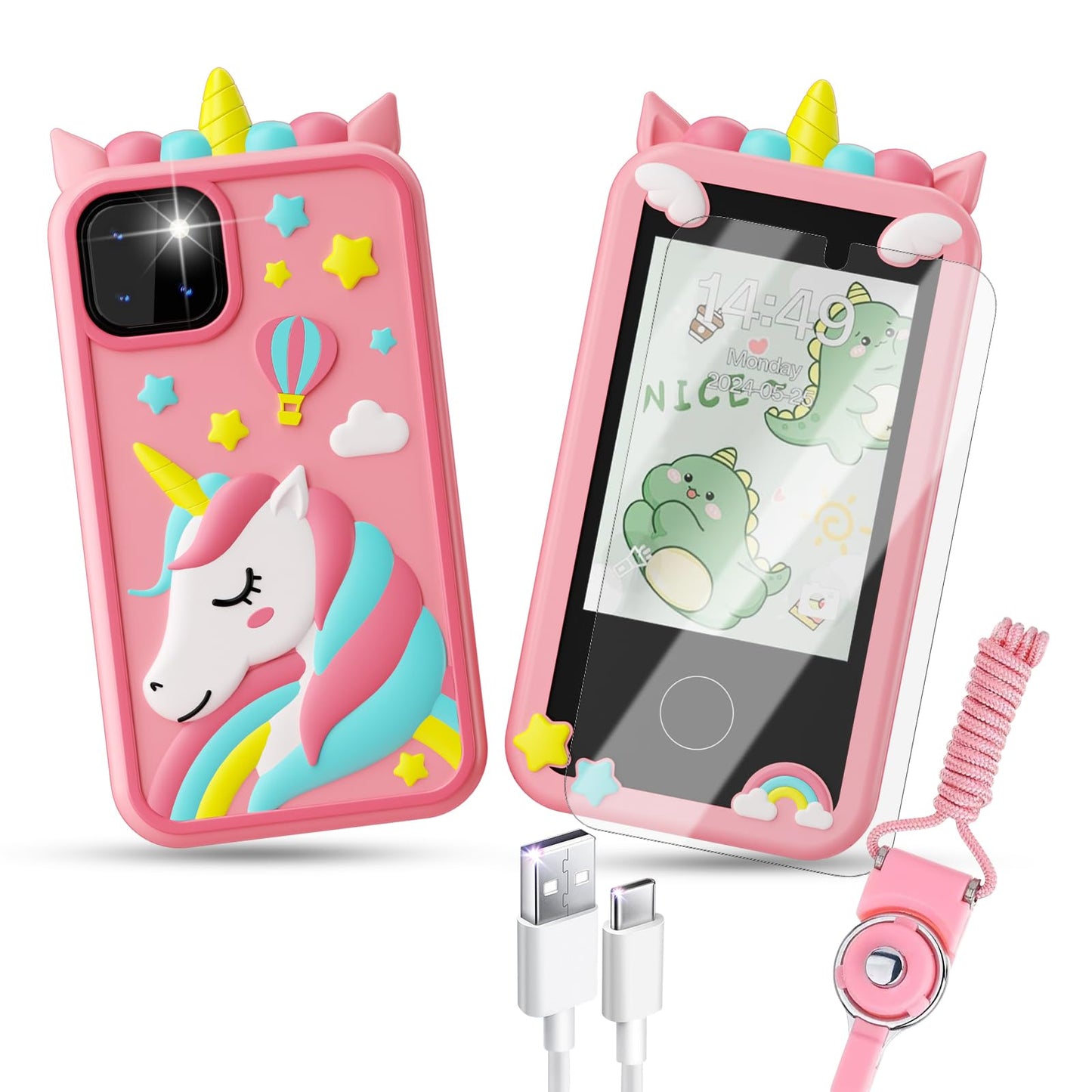 Kids Smart Phone Toys, Touchscreen HD Dual Camera Cell Unicorn Phone for Kids,Travel Toy Preschool Learning Toy for Kids,Christm