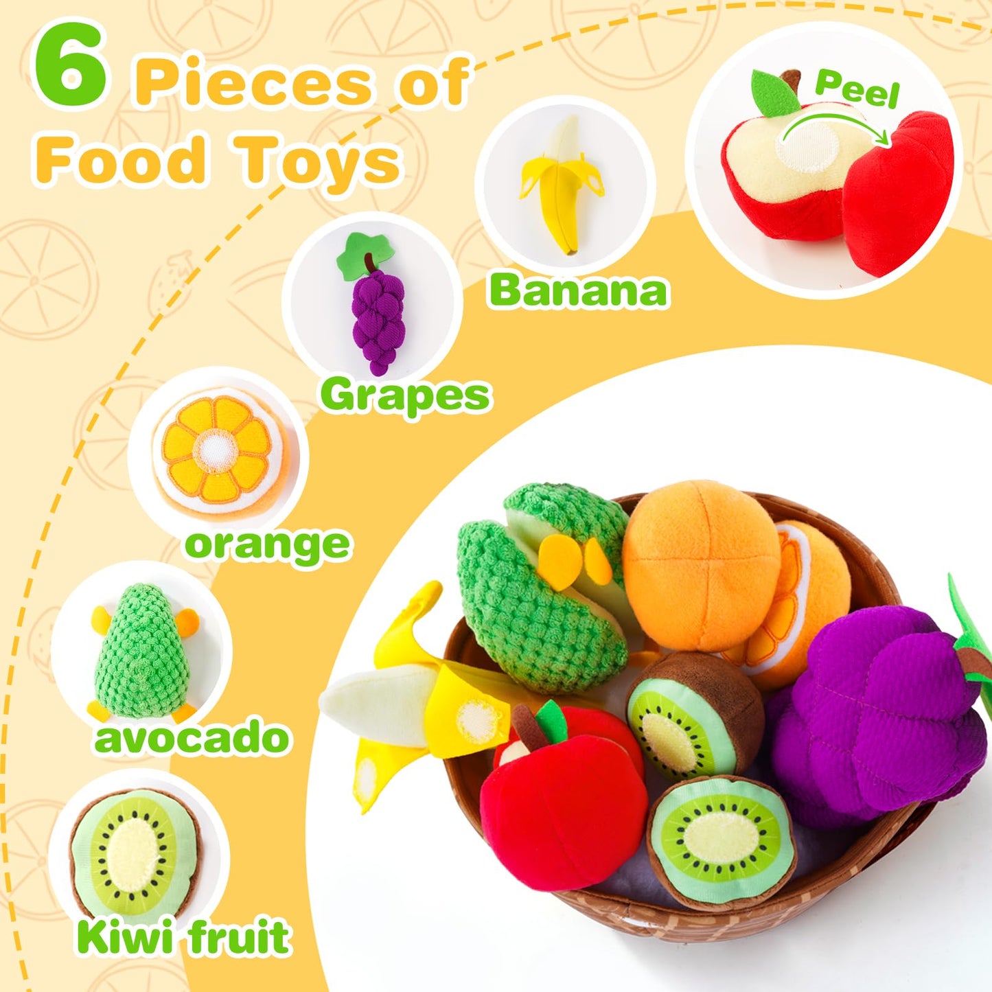 Play Food for Toddler 1-3 Year Old, Fruit Basket Plush Toy Sets, Montessori Pretend Food Kitchen Sensory Toys for Kids 18 Months