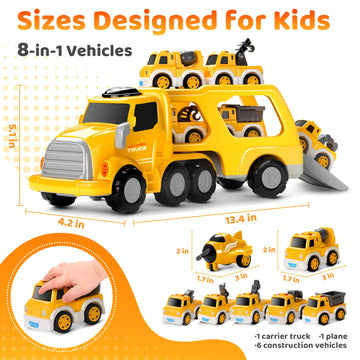 SplashNSpray 8 in 1 Fire Truck Toy Cars for Kids, Carrier Truck for 3 4 5 6 Years Old Boys Girls Toddlers, Pull Back Cars Set wi