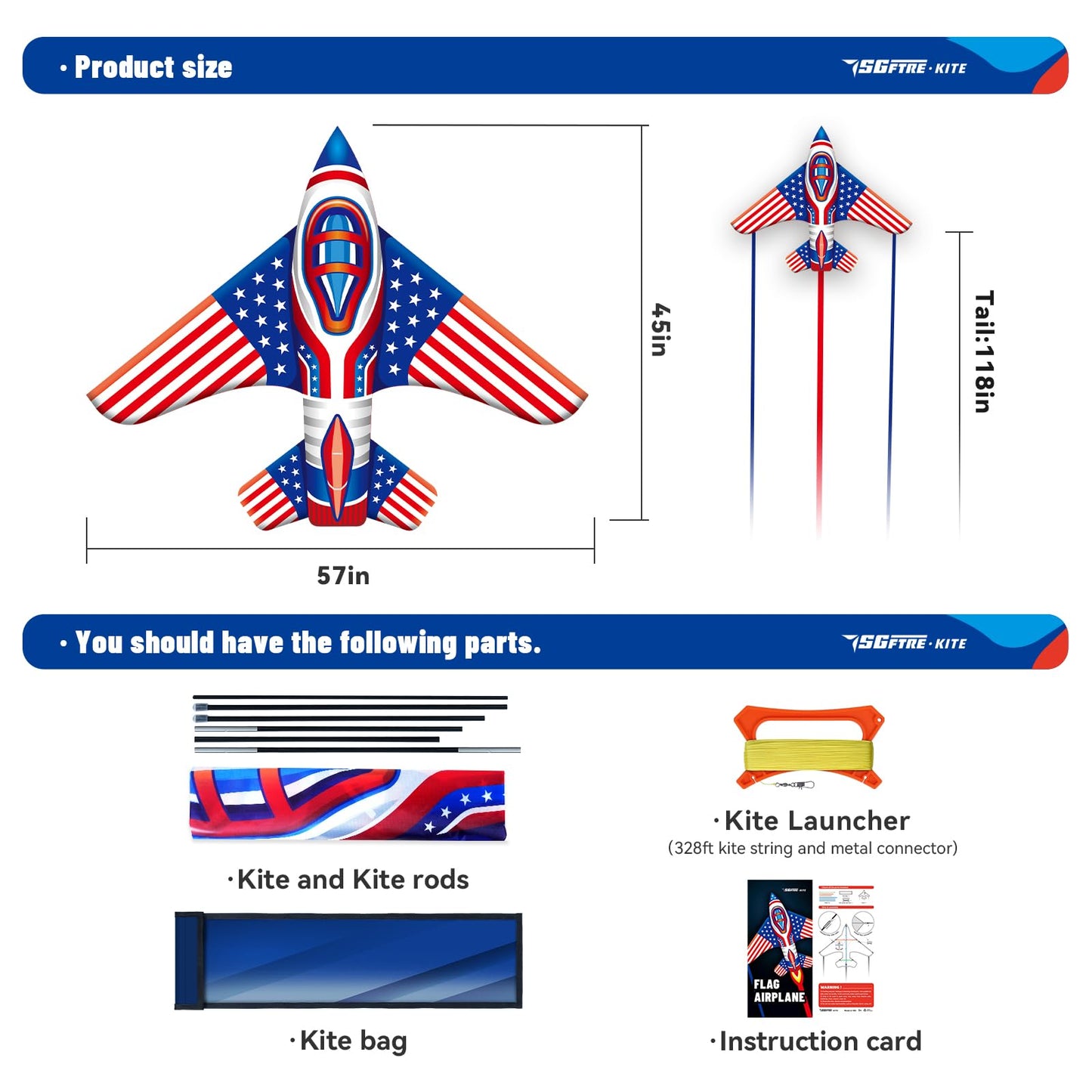 Flag Airplane Kite Easy To Fly Kids Kites For Ages 3-5, Huge Size Durable Beach Kite For Family Outdoor Games & Activities, Perf