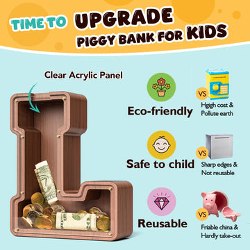 Summidate Wooden Letter Piggy Bank Extra Thick Large Capacity Piggy Bank for Kids Boys Girls Toddler Alphabet L Money Bank| Coin Box Birthday Christmas Festival