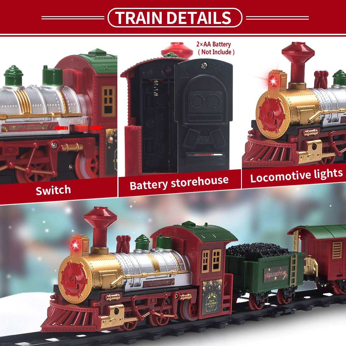 PUSITI Classic Christmas Train Set with Lights and Sounds Railway Tracks Sets Battery Operated Train Toy Models with 11.5 Ft Tra