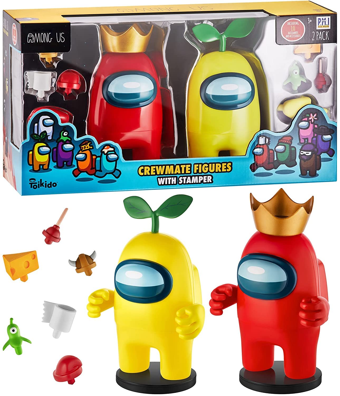 Among Us Stamper Crewmate Figures With Stampers| Two Of Four 6.7-Inch-Tall + 10 Hidden Hats & Accessories| Party Favors And Playable Collectibles | Unique Impostor With Mouth Open And Pink Crewmate