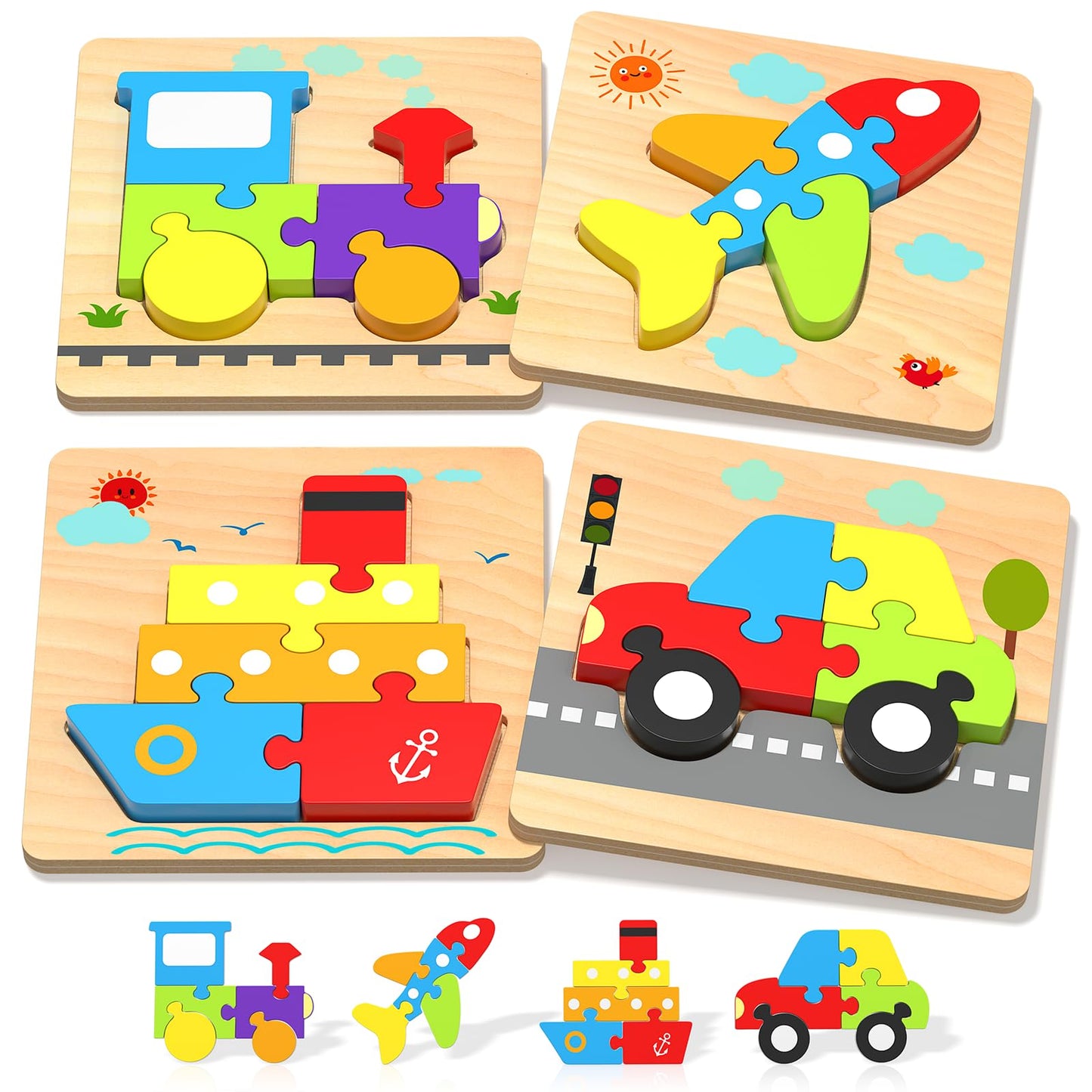 Wooden Puzzles Toddler Toys For 1 2 3 Years Old Boys Girls, 4 Vehicle Shape Learning Educational Blocks Birthday Gifts Sensory T