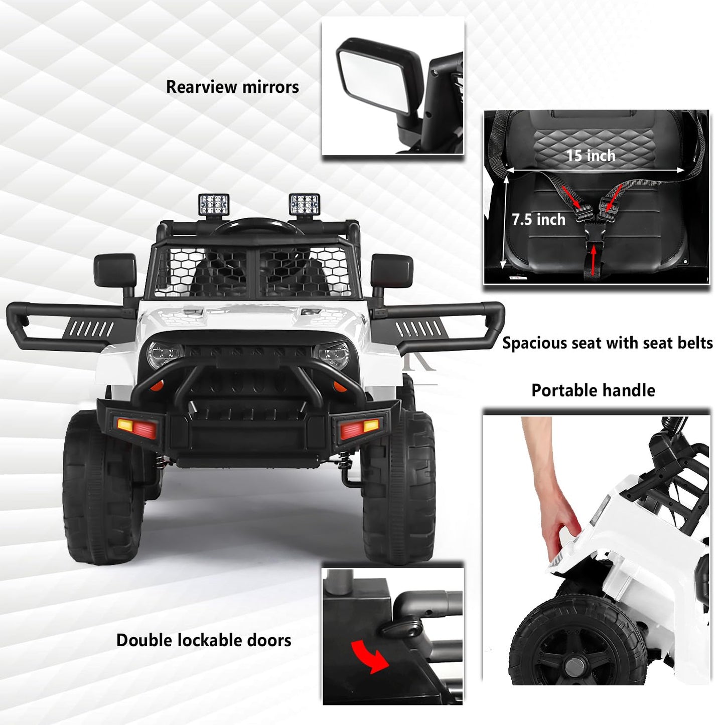 Kinder King 12V Kids Ride on Car Truck, Battery Powered Electric SUV w/ 2.4G Remote Control, Spring Suspension, 3 Speeds, 2 Moto