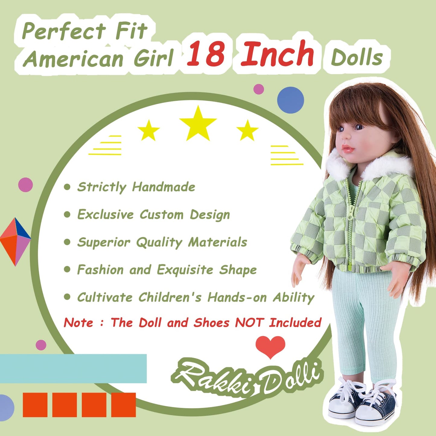 Rakki Dolli Doll Clothes 3 Pc. Set Light Green Grey Plaid Hooded Thick Coat Checkerboard Jacket With Long Sleeve, Warm Doll Outfit Hoodie Snowsuit Fits For 18' Dolls (Doll & Shoes Not Included) 013