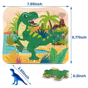 Zippytots Wooden Dinosaur Puzzles for Kids Ages 4-6, 4 in 1 Gift Box 4-Pack 20-Piece Jigsaw Puzzles Come with 4 Small Dino Figur